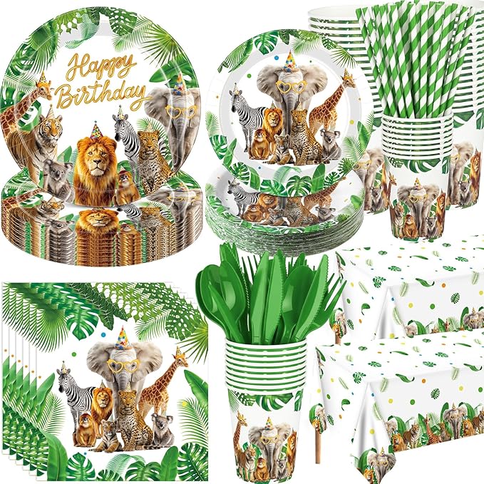 Ceenna 452 Pcs Safari Birthday Party Decorations for 50 Guests, Jungle Animals Paper Plates Napkins Cups Tablecloth Cutlery Straw Wild Animals Tableware for Zoo Theme Birthday Party Supplies