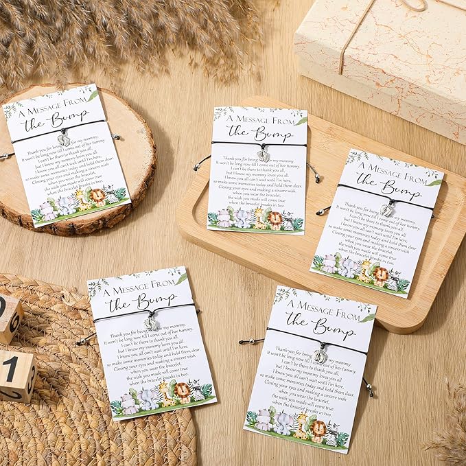 Thyle 50 Set Safari Baby Shower Favors for Guests Adjustable Bracelets with Message from The Bump Card Footprints Charm Baby Shower Bracelets for Gender Reveal Thank You Gifts