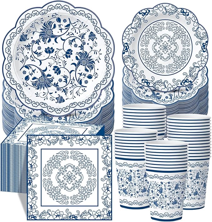 Pickmesh 250 Pcs Blue White Floral Party Supplies Decorations Serve 50 Blue and White Porcelain Pattern Disposable Paper Plates Napkins and Cups for Chinoiserie Baby Shower Birthday Wedding Tea Party