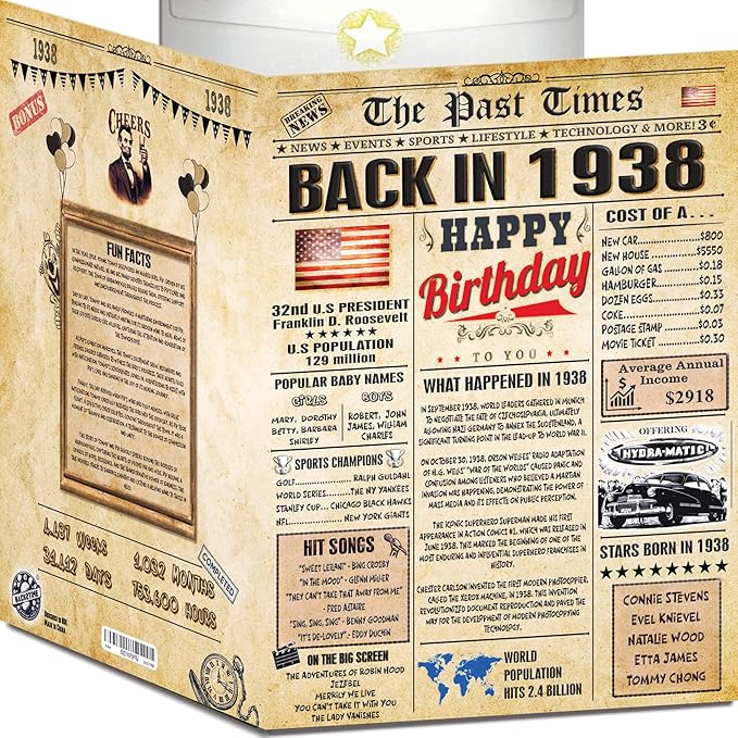 88th Birthday Card for Women Men- Back In 1938 Card - 88th HAPPY BIRTHDAY cards for Him Her - Vintage 88th birthday gifts JUMBO size 88th birthday decorations for husband wife - gift for 88 year old