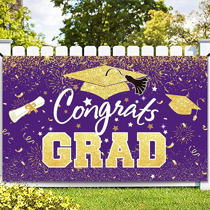 Graduation Party Decorations - Purple Gold Congrats Grad Class of 2026 Backdrop Banner Large Sign Wall Decorations Photography Background Party Supplies for 2026 Graduation Party Decorations