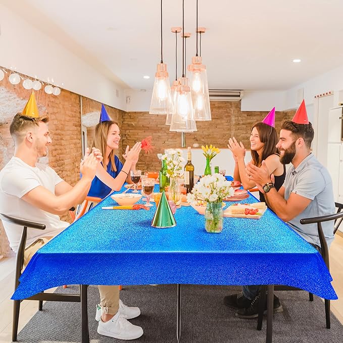 Sparkling Holographic Laser Tablecloth - Shimmering, Waterproof, Easy to Clean - Ideal for Bachelorette, Birthday, Wedding, and Anniversary Party Decorations (Dark Blue & Gold, 2)