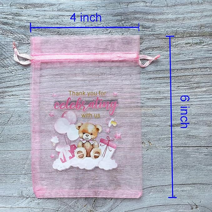 LXKBD 50PCS Organza Bags for Baby Shower Party Favor,4x6 Inch Small Pink Sheer Drawstring Mesh Pouch Treat Bags for Girl Birthday Gift Bag