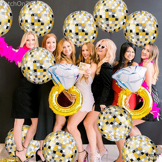 KatchOn, Huge Disco Ball Balloons -22 Inch, Pack of 12 | Black And Gold Disco Balloons for Disco Party Decorations | 360 Degree 4D Sphere Disco Balloon | Graduation Decorations 2025