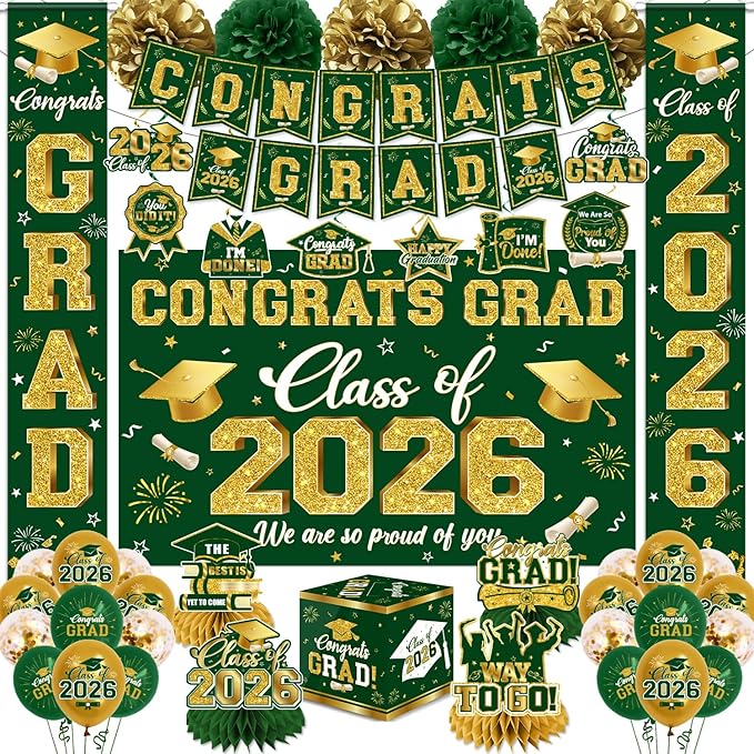 2026 Graduation Decorations - Green Congrats Grad Party Supplies include Card Box, Backdrop, Banner and Balloons for Class of 2026 Decorations Set