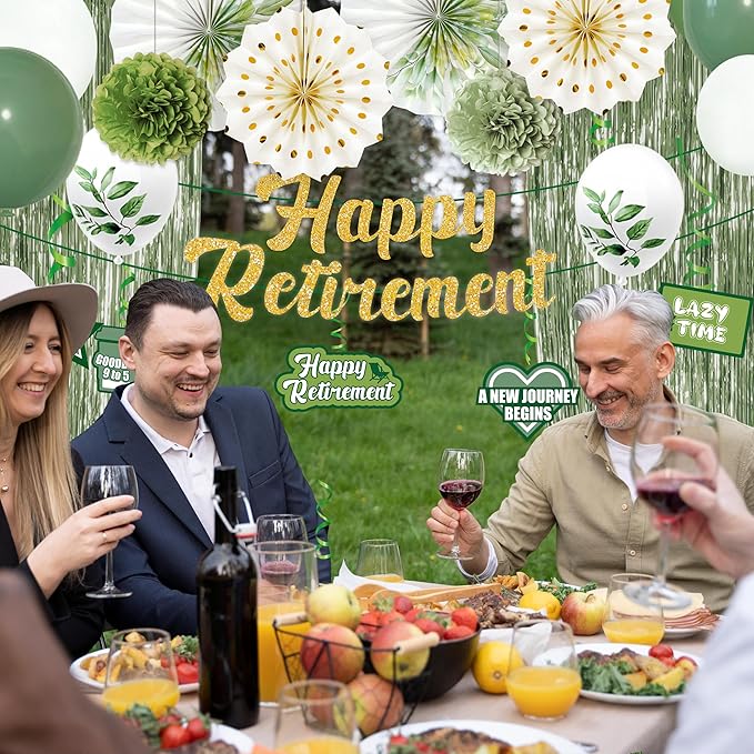 40PCS Retirement Party Decorations Sage Green Happy Retirement Banner Paper Fans Foil Curtains Hanging Swirls Tissue Pom Poms Balloons Decor