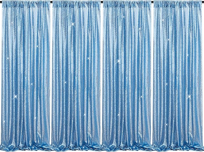 B-COOL Baby Blue Backdrop Curtains 4 Panels Baby Shower Sparkly Drapes 2ft x 8ft Baby Shower Curtain Drapes Baby Blue Spring Stage Backdrop Fabric