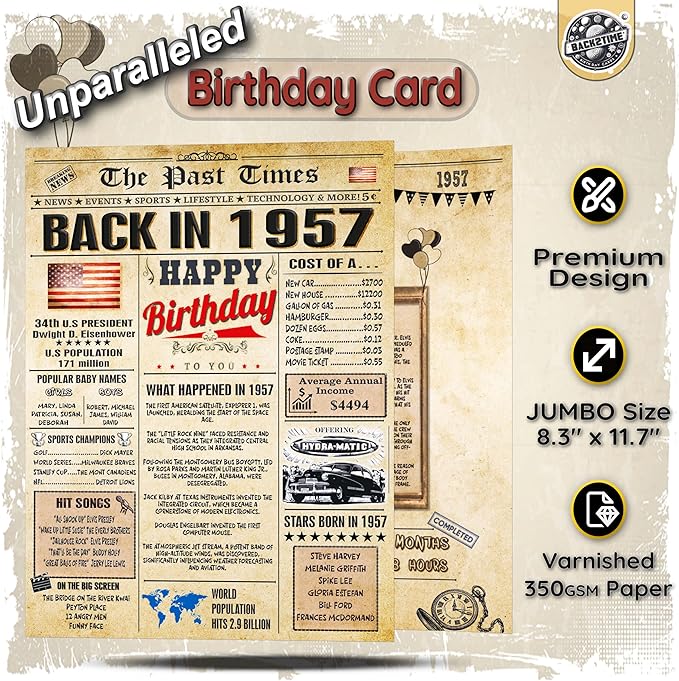 69th Birthday Card for Women Men - Back In 1957 Newspaper - 69 th Happy BIRTHDAY card - 69 birthday gift for Her Him - JUMBO size - 69th birthday decorations Dad Mom - Best gifts for 69 year old