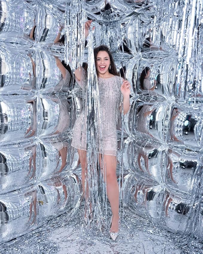 Silver Square Foil Balloon Wall,25Pcs Silver Balloons Backdrop Helium Balloon Tunnel Arch Garland Kit for Birthday Bridal Anniversary Baby Shower Party Decorations