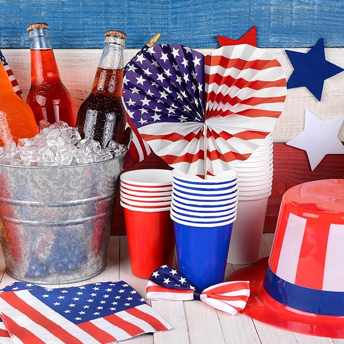 Sfcddtlg 30 Pcs 4th of July Patriotic Themed Paper Fans, American Flag Star and Stripe Folding Fans, Independence Day Red White Blue Handheld Fans for Summer Memorial Day Party Decor Supplies