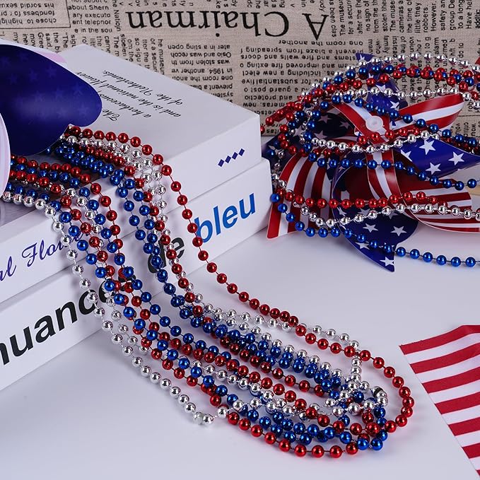 HOOSUN 4th of July Beads Necklaces,30 Pcs Patriotic Beads Necklaces Fourth of July Decorations Party Favors,Red Silver and Blue Accessories Beads for Memorial Day Decorations,Party Decor Supplies