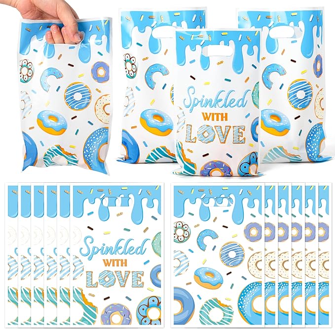 G1ngtar 50Pcs Blue Donut Party Favor Bags - Sweet Doughnut Goodie Candy Treat Gifts Waterproof Plastic Bags for Kids Birthday Party Decoration Supplies