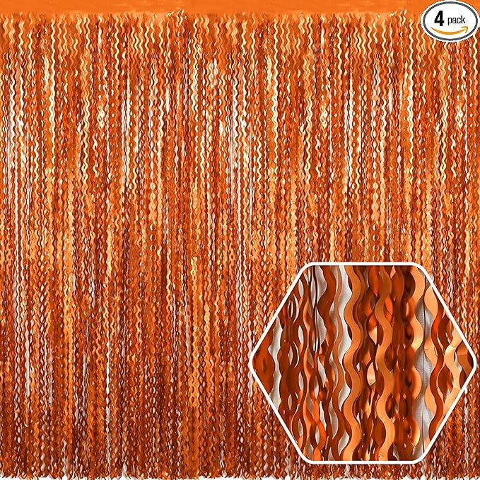 4 Pack Orange Wave Foil Fringe Curtain Backdrop, 3.28Ft x 8.2Ft Metallic Tinsel Foil Fringe Streamer Curtains for Photo Booth, Mother's Day, Easter, Birthday, Wedding Party Decoration