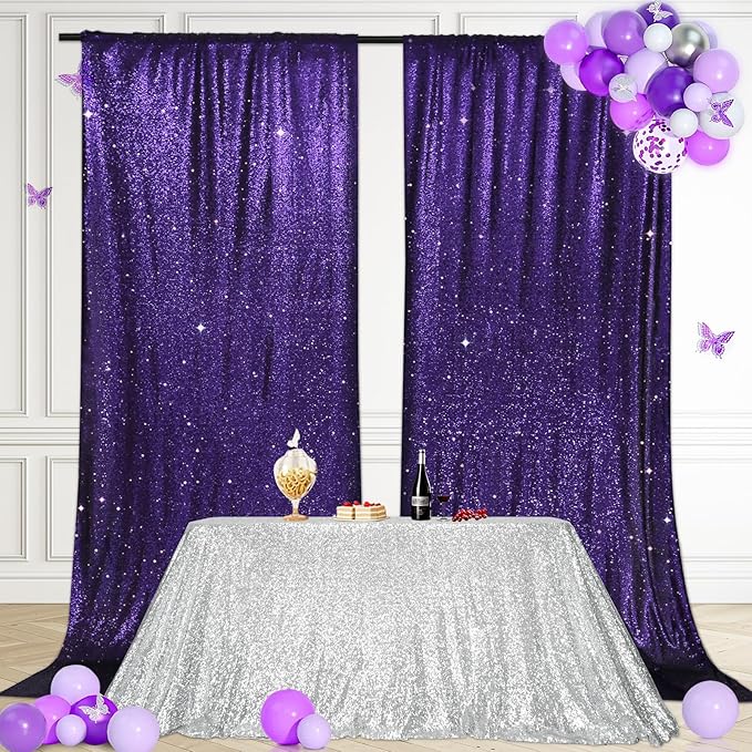 PartyDelight Purple Sequin Backdrop 5x10ft 2 Panels - High Density 3mm Shimmer Sequin Background with 4-Inch Rod Pocket, Sparkly Photography Curtain for Wedding, Stage & Event Decor