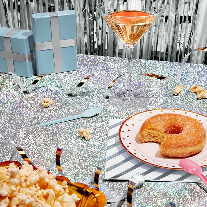 Black & Gold & Silver Holographic Tablecloth 40" x 108" Hot Pink Party Decoration Valentine's Day Birthday Party Table Decor Iridescence Plastic Table Cloth for Halloween Baby Shower Party Supplies