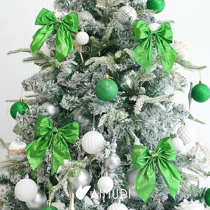 AIMUDI Lime Green Glitter Wired Ribbon Bows with Twist Tie 5.5" Premade Metallic Christmas Bows for Gift Wrapping, Wreath, Garland, Holiday Crafts Party Home Outdoor Christmas Tree Decorations, 12 PCs