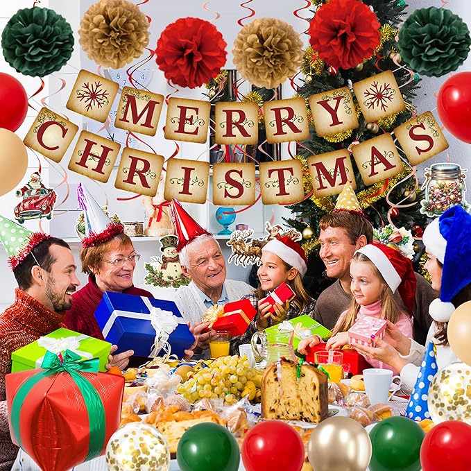 Roetyce Christmas Party Decorations, Vintage Merry Christmas Banner Balloons Hanging Swirls Kit Indoor Outdoor, Funny Home Xmas Party Supplies Photo Backdrop Background