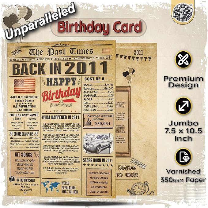 15th Birthday Card - Back In 2011 Newspaper - 15 th Happy BIRTHDAY cards for Him Her - Vintage 15th birthday gifts for women men - JUMBO A4 size - 15 th birthday decorations - gift for 15 year old