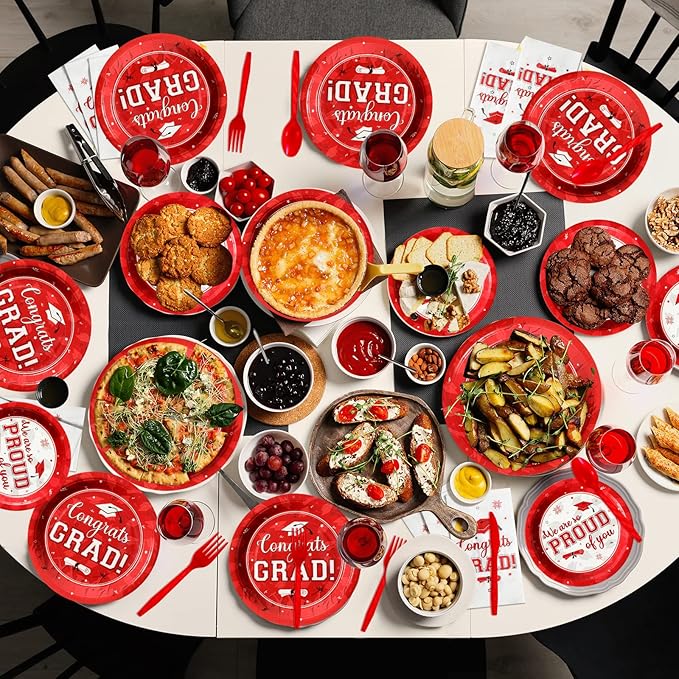Graduation Party Supplies Congrats Grad Plates and Napkins Set Serve 50, Disposable Tableware Paper Plates Napkins Cups Knives Spoons Forks Straws for Class of 2026 Graduation Party Decorations (Red)