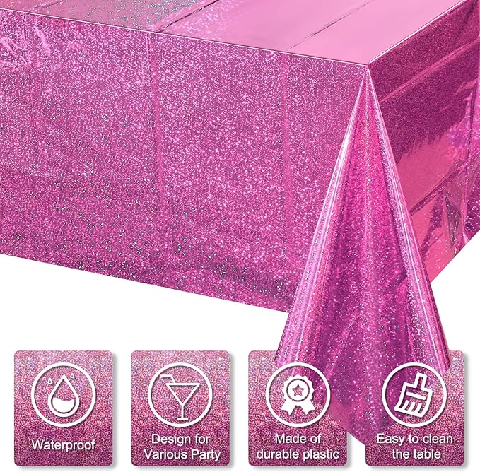 4 Pack Iridescence Plastic Tablecloths Shiny Disposable Laser Rectangle Table Covers Holographic Foil Tablecloth Iridescent Kpop Birthday Bridal Wedding Christmas Party Decoration, 54" x 108" (Pink)