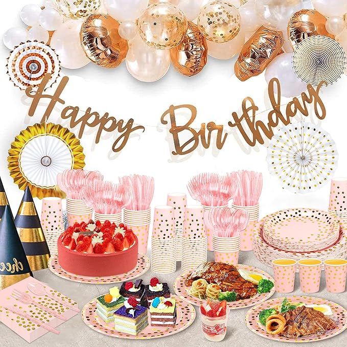 175 Pcs Pink and Gold Party Supplies, Serves 25 Pink Gold Foil Dot Disposable Dinner Tableware Set Gold Plastic Forks Spoons Knives Plates Napkins Cups Party Supplies for Birthday Wedding Graduation