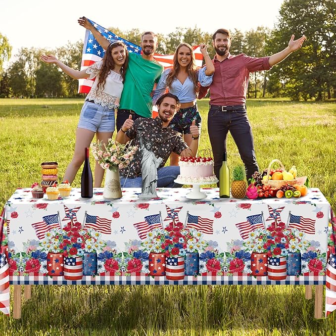 6 Pack 4th of July Tablecloth Decorations, Vase Flower Patriotic Plastic Table Cover, Red White and Blue Decorations with Star Stripe Sign for Patriotic Independence Veterans Memorial Day, 54x108 Inch