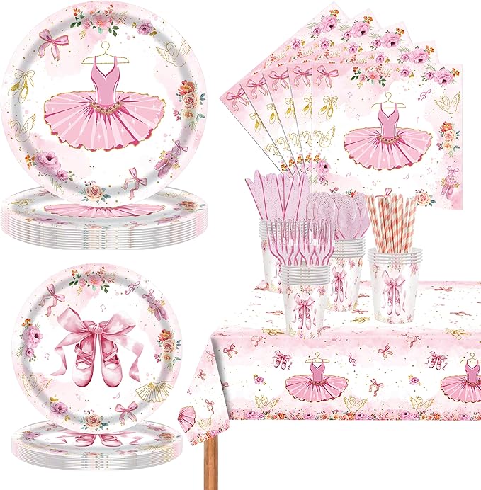 193Pcs Ballerina Birthday Party Decorations for 24 - Ballet Party Tableware Set with 7&9in Plates, Napkins, Cutlery Set, Tablecloth | Disposable Dance Party Supplies for Girls