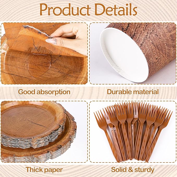 Kochorie 144 Pieces Camping Wood Grain Slice Tableware Sets Rustic Wood Party Decorations Paper Plates Napkins Cups Forks Serves 24 for Forest Themed Party Decorations Hunting Birthday Supplies