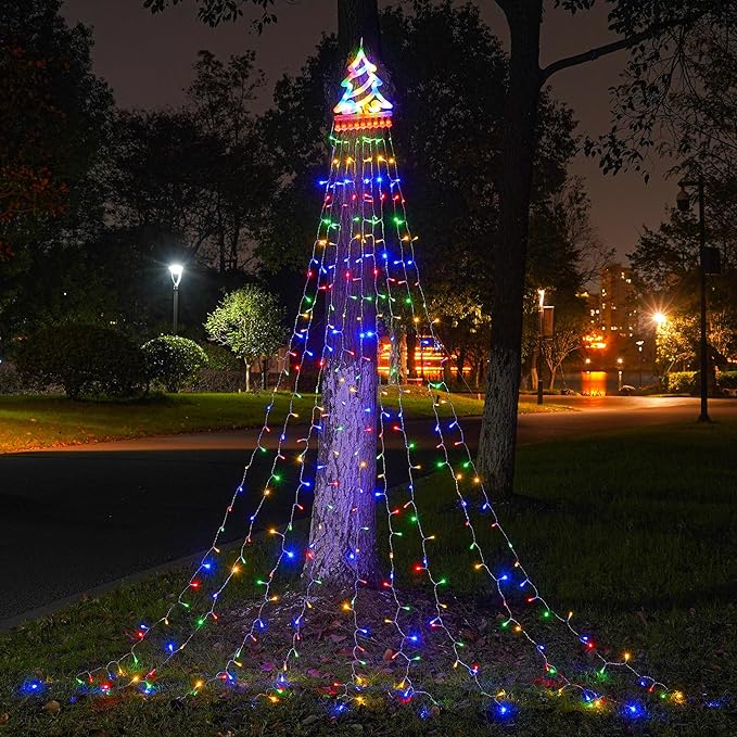 Outdoor Christmas Tree String Lights, 350 LED Christmas Waterfall Lights with 8 Modes, Waterproof, Featuring an 11in Lighted Christmas Tree for Yard Patio Xmas Wedding,Party,New Year (Multi-Color)
