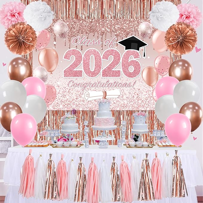 Pink Graduation Decorations Class of 2026, Rose Gold 2026 Graduation Party Decorations, Class of 2026 Paper Pompoms Paper Tassels Backdrop and Balloons for Class of 2026 Party Supplies
