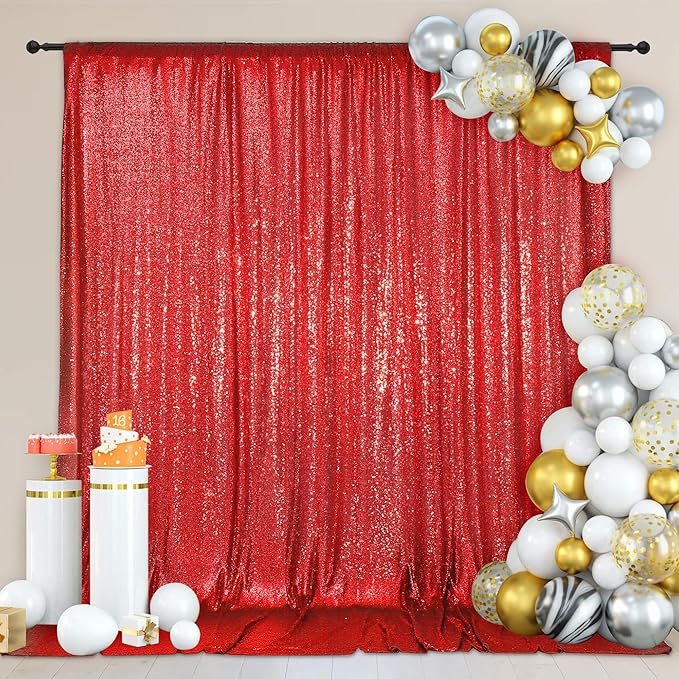 PartyDelight Red Sequin Backdrop 8x8ft - High Density 3mm Shimmer Sequin Background with 4-Inch Rod Pocket, Sparkly Photography Curtain for Wedding, Gala, Studio & Event Decoration