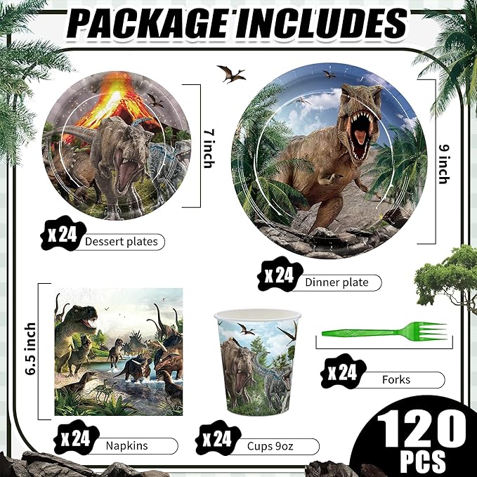 Dinosaur Birthday Party Supplies Dino World Baby Kids Happy Birthday Party Disposable Tableware Set Plates Napkins Cups Green Forks for 24 Guests