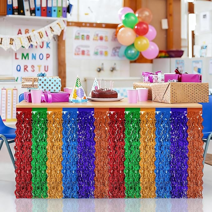 Cinco De Mayo Table Decorations, 2 Pack Fiesta Desk Skirts Supplies, Mexican Theme Metallic Wavy Tinsel Foil Fringe Table Skirts, Rainbow Skirts for Dia De Los Muertos Day Mexico Day of The Dead Decor