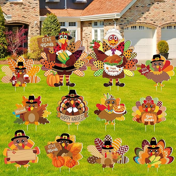 Amyhill 12 Pcs Thanksgiving Turkey Yard Decoration Outdoor Turkey Garden Lawn Signs with Stakes Waterproof Outdoor Decoration for Patio Lawn Walkway Party Decorations