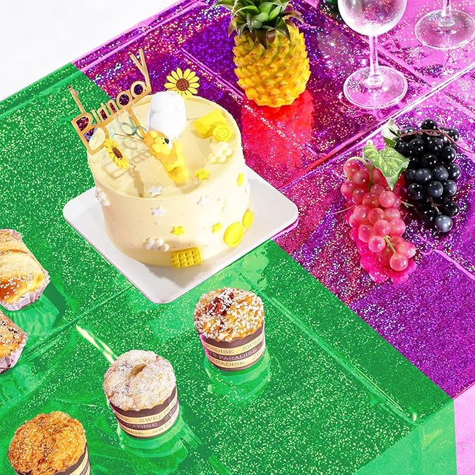 2 Pcs Iridescent Pink and Green Tablecloth Party Decorations, Holographic Foil Plastic Table Cloths for Rectangle Tables, Disposable Green and Pink Table Cover for Witch Theme Birthday Party Supplies
