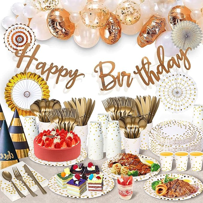 175 Pcs White Gold Party Plates Cups and Napkins Sets White Gold Foil Dot Disposable Dinner Tableware Set With 7" 9" Plates Napkins Cups Knife Fork Spoon Birthday Party Supplies Serve 25 Guests