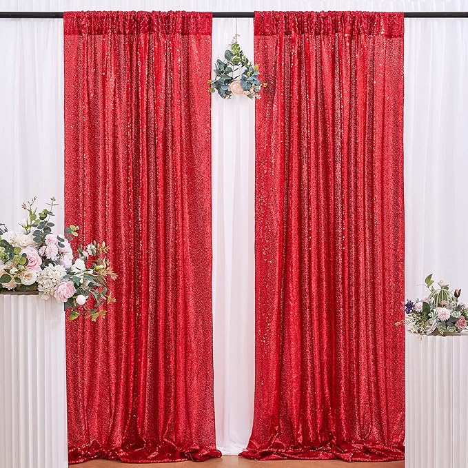 B-COOL Red Sequin Backdrop Curtain 2 Panels 2ftx8ft Shiny Valentines Backdrop Drapes Red Glitter Curtains for Wedding Party Birthday Anniversary Background Decoration