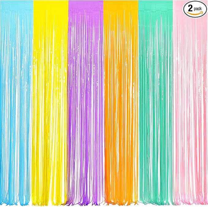 BRAVESHINE Tinsel Foil Fringe Curtains - 2Pcs 3.2x8.2ft Pastel Colourful Photo Backdrop for Christmas New Years Princess Birthdays Easter Bunny Bridal Shower Fairy Candy Donuts Party Decorations