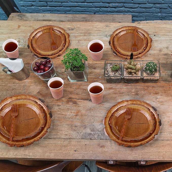Kochorie 144 Pieces Camping Wood Grain Slice Tableware Sets Rustic Wood Party Decorations Paper Plates Napkins Cups Forks Serves 24 for Forest Themed Party Decorations Hunting Birthday Supplies