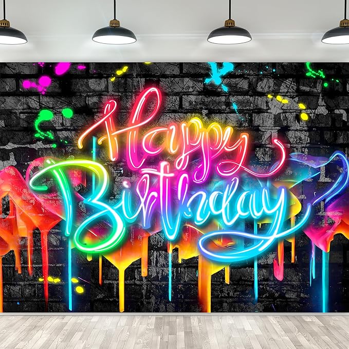 Imirell Neon Happy Birthday Backdrop 5Wx3H Feet Glow in The Dark Graffiti Brick Wall Funny Colorful Painting Polyester Fabric Cool Boys Photography Backgrounds Photo Shoot Decor Props Decoration
