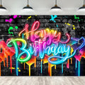 Imirell Neon Happy Birthday Backdrop 7Wx5H Feet Glow in The Dark Brick Wall Funny Graffiti Colorful Painting Splatter Polyester Fabric Modern Photography Backgrounds Photo Shoot Decor Props Decoration