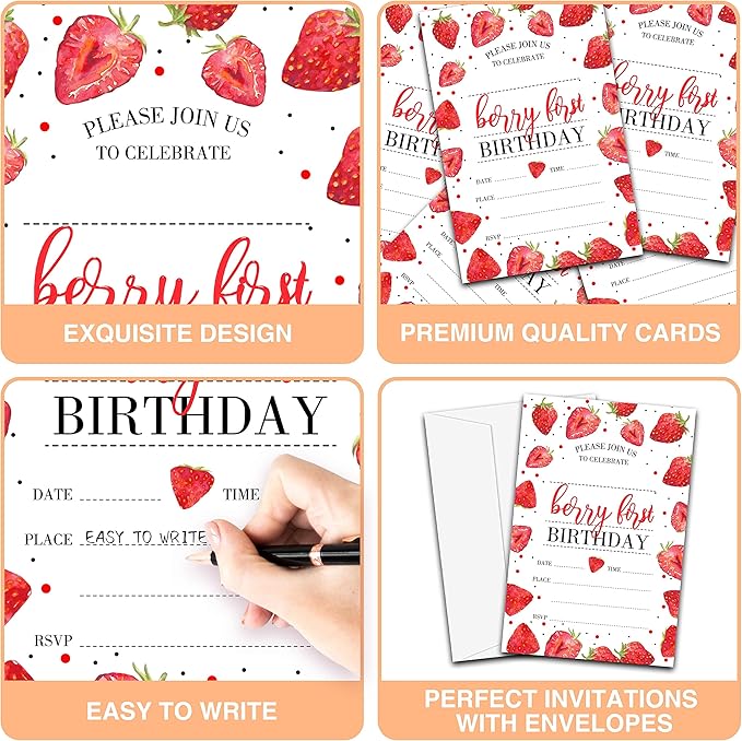 Strawberry Birthday Invitations, 20 Pcs - 4x6 inches with Envelopes - Perfect for Baby Girl 1st Birthday Party Decorations