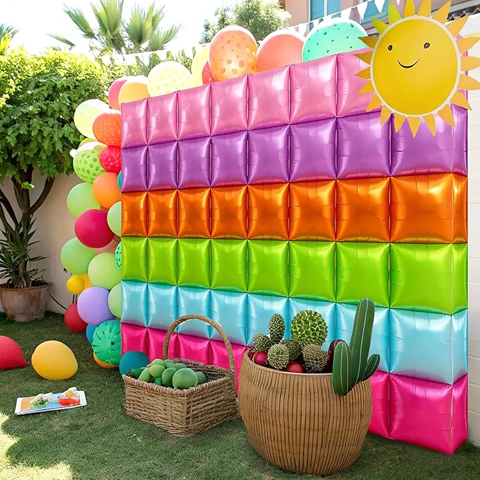 HOMEZZO Fiesta Theme Balloon Wall Backdrop - 50 PCS Rainbow Square Double Sided Square Foil Balloons for Mexican Fiesta, Cinco de Mayo, Birthday, Taco Party Decorations