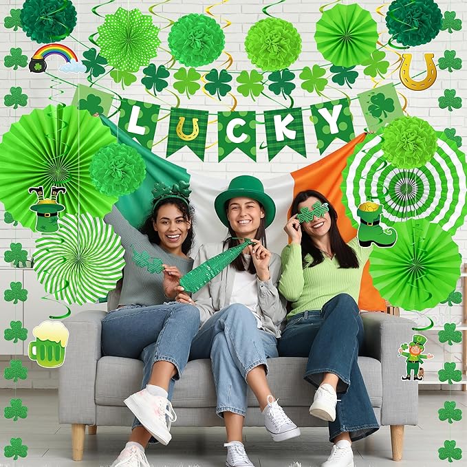 28 PCS St Patricks Day Decorations, Green St Patricks Day Paper Fan Set, Shamrock Decorations with Paper Fans Pompoms, Cards and Swirls, Banner and Garlands, Green Party Decorations for Home