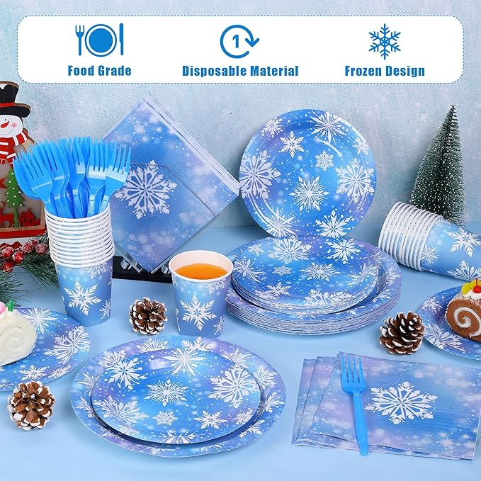 durony 144 Pieces Frozen Paper Plates and Napkins Dinnerware Set Winter Snowflake Party Tableware Supplies Includes Paper Plates Napkins Forks Serve 24 for Christmas Party Supplies