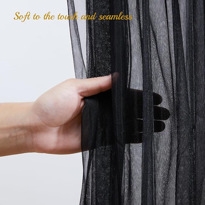 10x8ft Black Tulle Backdrop Curtain with Lights String for Parites, Sheer Photo Backdrop Curtains for Wedding Baby Shower Birthday Party Photo Shoot Decorations