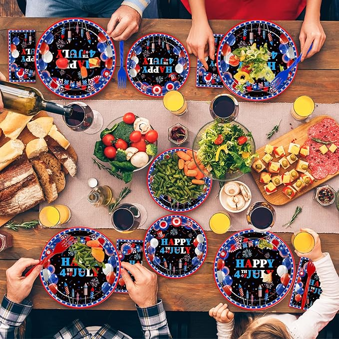 96 Pcs 4th of July Patriotic Party Plates, Independence Day Party Decorations Supplies Fourth of July American Flag Memorial Veterans Day Tableware Disposable Dinnerware Set, Serves 24