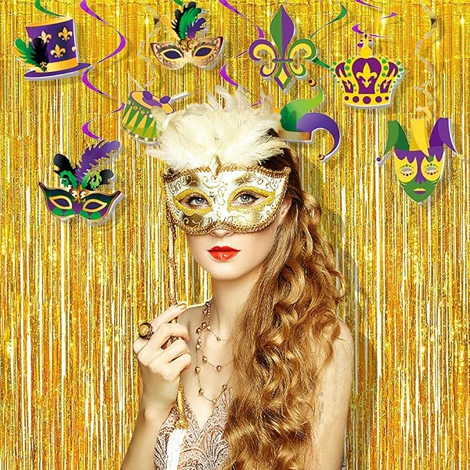 BRAVESHINE Gold Tinsel Foil Fringe Curtains - 2Pcs 3.2x8.2ft Holidays Photo Backdrop for Men 60th Birthdays/Bridal Wedding/Engagement/Anniversary/Hawaiian/Luau/Christmas/New Years Party Decorations
