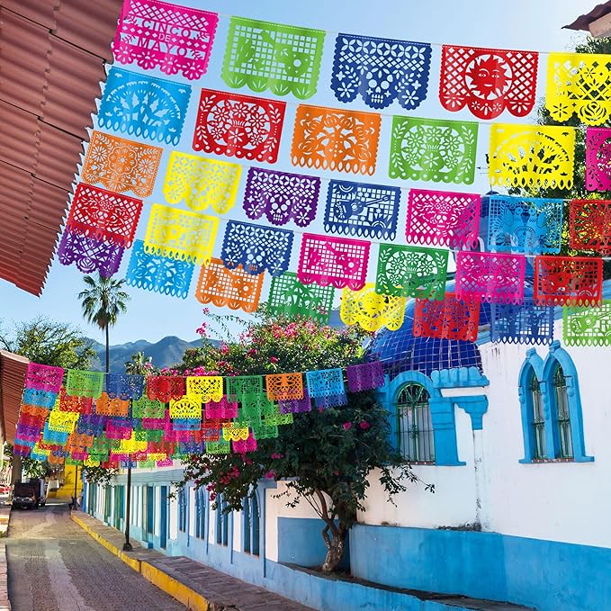 10 Pack Mexican Party Decorations, 180 FT Fiesta Banner Cinco De Mayo Party Banner Plastic Papel Picado Mexican Themed Party Banner Flags Colorful Indoor Outdoor Dia De Los Muertos Home Decor
