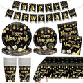 82 Pcs New Years Eve Party Supplies 2026 Set - Black Gold Happy New Year Decorations Kit, Including New Year Plates Napkins Cups Tablecloth and Banner for 2026 Happy New Years Party Decor Supply Favor